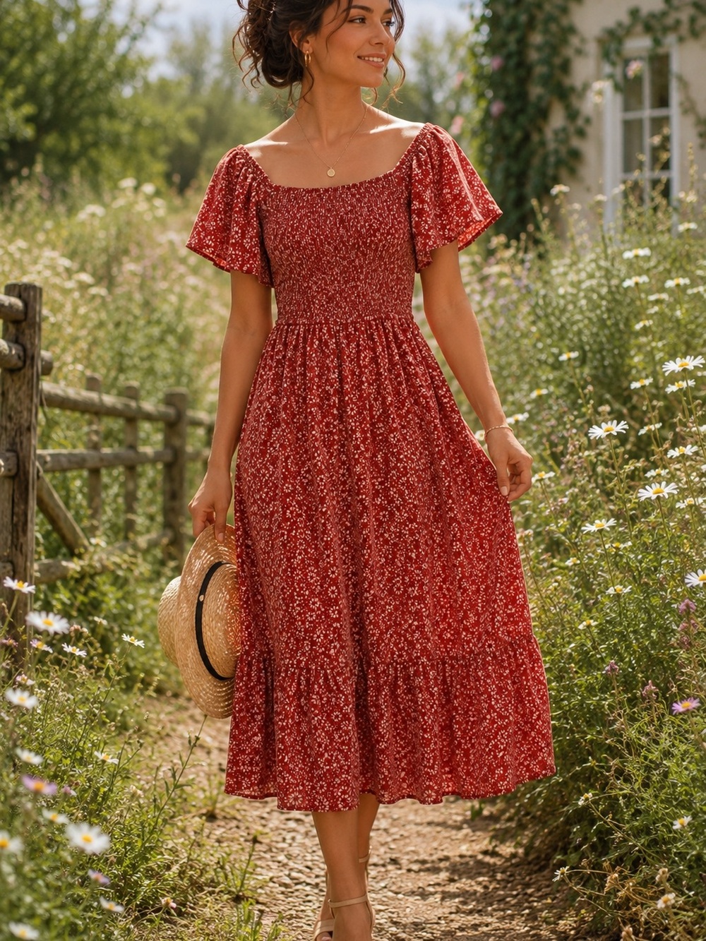 Escalier Smocked Floral Midi Dress Red Flutter Sleeve Cottagecore Size L